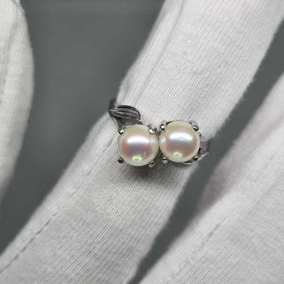Vintage Elegant 10K White Gold  Pearl Ring Toi Et Moi Sz 6.25 - Picture 8 of 10